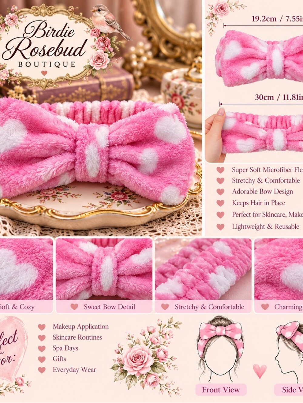 Pink & White Polka Dot Plush Bow Spa Headband | Soft Stretch Hairband